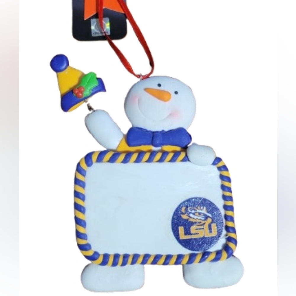 NCAA LSU Snowman Ornament - White, Purple, Yellow, Claydough- Can Personalize